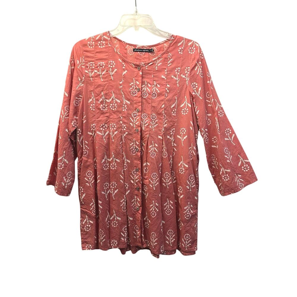 Gudrun Sjödén Salmon Pink Tan Floral Blouse Organic Cotton Medium